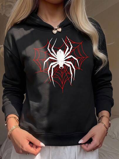 Tween Girls Casual Hooded Sweatshirt With Cartoon Spider Element Pattern, Suitable For All Seasons
