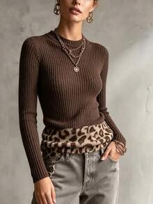 LUMIGAL Women's Patchwork Leopard Print Round Neck Long Sleeve Fashion Sweater - Multicolor - View 4