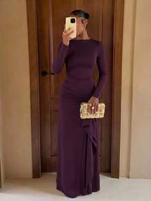 Lumalex Women's Long Sleeve Fitted Dress With Ruffle Hem, Asymmetrical Ruched Design And Side Slit HalloweenElegant Fashion Minimalist Casual Daily Commute - Red Violet - View 10