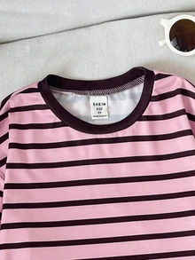 SHEIN 女童 2 件套休閒套裝，簡約舒適可愛，復古條紋布料長袖長褲，秋冬休閒運動學院風 - 藕粉色 - 查看 11