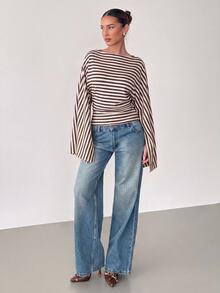Siren Gaze Women's Boat Neck Batwing Long Sleeve Striped T-Shirt, Autumn New Style - Brown - View 3