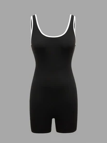 Dewbera Dewbera With My Calm Contrast Trim Sleeveless Sports Jumpsuit Women Tight Yoga Unitard - Black - View 4