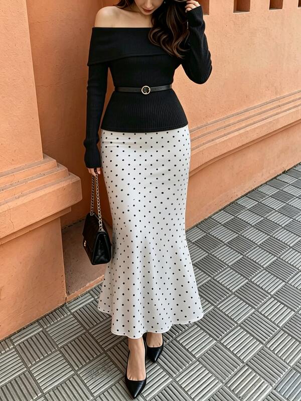 Flora Isola Flora Isola 2026 New Off-Shoulder Long Sleeve Belt Top, Polka Dot Elegant Mermaid Skirt Set, Casual Elegant Outfit, French Commuter Office Wear, Street Afternoon Tea Set