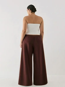 YARNWELL Plus Size Elastic Waist Loose Sweatpants With Pockets - Coffee Brown - View 5