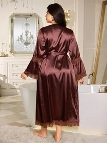 MuseNap CURVE Satin Glossy Lace Trim Elegant Minimalist Tie-Front Plus Size Nightgown - Brown - View 2