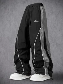 Manfinity Denimwave Men's Casual Letter Print Drawstring Waist Sports Long Pants - Black - View 4