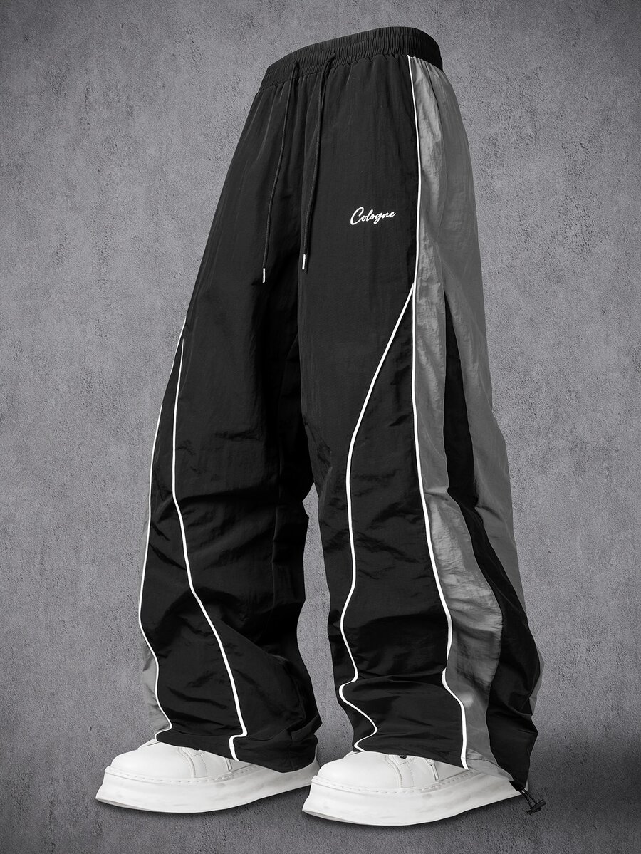 Manfinity Denimwave Men's Casual Letter Print Drawstring Waist Sports Long Pants - Black - View 1