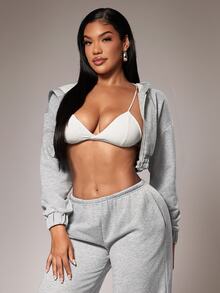 Radiana Sweatshirt Kasual Minimalis Dasar Abu-abu Super Pendek dengan Resleting - Light Grey - View 7
