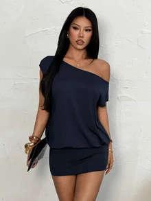 SHEIN PETITE 鏤空單肩短袖迷你洋裝，上鬆下緊，適合年輕女士 - 藏蓝色 - 查看 5
