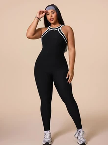 SHEIN Rhythm Era Women's Plus Size Halter Neck Fitted Sports Jumpsuit - Black - View 3
