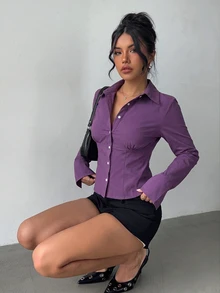 Aloruh 女款秋冬新款優雅春夏通勤日常簡約百搭旅行辦公純紫色短袖收腰百褶長袖襯衫 - 紫色 - 查看 4