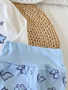 SHEIN 新生兒恐龍印花連身衣與長褲2件套，穿脫方便 - 藍色 - 查看 3