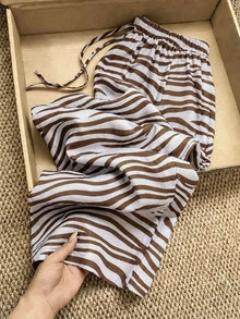 Nevyona Brown And Zebra Print Drawstring Wide-Leg Pants For Women, Suitable For Spring And Summer Beach Outings, Casual Wear, And Versatile Bottoms - Brown - View 4