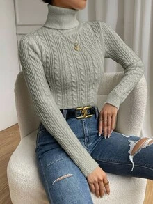 SHEIN 女款素色高領休閒百搭日常長袖針織衫 - 灰色 - 查看 4