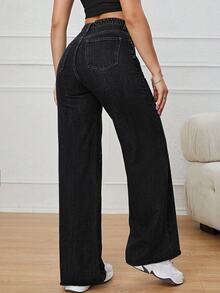 SHEIN PETITE 女款不對稱腰部口袋寬腿休閒牛仔褲 - 黑色 - 查看 2
