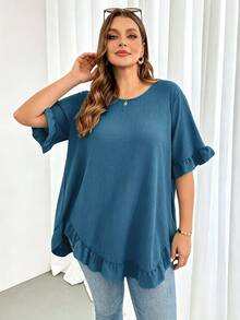 Shapeblank Áo blouse nữ size lớn màu trơn cổ tròn tay ngắn gấu bèo dáng rộng - Màu xanh ngọc - Xem 6