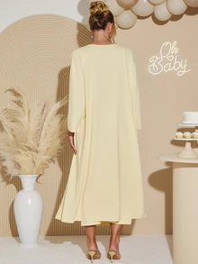 Loomaby Maternity Solid Color Spaghetti Strap Dress And Cardigan Casual 2 Pieces Set - Yellow - View 2