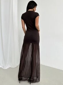 Firerie Women's Elegant Spring/Summer Minimalist Fashion Commute Street Versatile Vacation Casual Round Neck Cap Sleeve Fitted Mesh Sheer Hem Black Sweater Dress - Brown - View 2