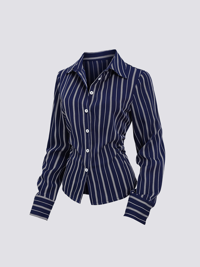 Sweetra Blus Wanita Gaya American Spicy Girl, Garis-garis Biru, Vintage Elegan, Pinggang Ramping, Lipit, Kancing Depan, Lengan Panjang, Desain Minimalis Serbaguna, Koleksi Terbaru Awal Musim Gugur