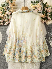 Modelyn Women's Heavy Embroidery Positioned Print Romantic Elegant Versatile Plus Size Blouse High Tea Morning Yellow Fall - Multicolor - View 2