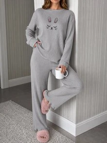 SHEIN Sleepy Bunny Graphic Rib Knit Lounge Set - Beige - View 7