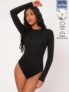 SHEIN BASICS Bodysuit Lengan Panjang Wanita Warna Polos, Pas Badan, Serbaguna, Warna Hitam, Cocok untuk Sehari-hari, Musim Gugur, Minimalis, Sederhana dan Serbaguna - Hitam - View 6