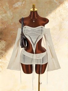 Amplova Women's Knitted 2 Pieces Set Long Sleeve Vintage Distressed Sexy Casual - Apricot - View 1