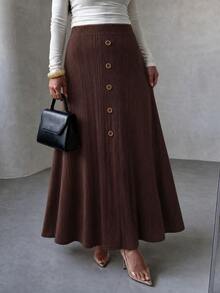 Lacomfia Autumn/Winter Elegant Casual Knit Ribbed Patchwork Waist-Cinched Loose Fit Versatile Plus Size Women's Skirt - Rust Brown - View 1