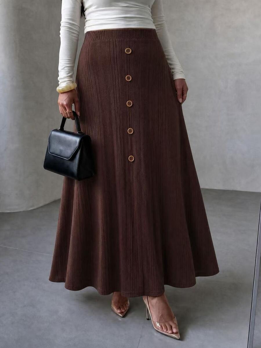 Lacomfia Autumn/Winter Elegant Casual Knit Ribbed Patchwork Waist-Cinched Loose Fit Versatile Plus Size Women's Skirt - Rust Brown - View 1