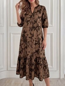 Miaspire 媽媽款方領V領星空奶奶風優雅印花長洋裝，棕色短袖春夏連身裙，母親節派對、50歲生日穿搭 - 棕色 - 查看 4