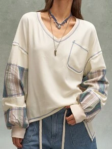 Bohemela Casual Loose Plaid Patchwork Women's Sweatshirt - Multicolor - View 2