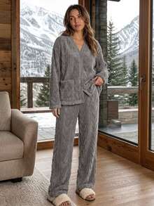 Livesso Women's Winter Warm Loungewear Set Fall - Grey - View 5