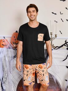 CoupledUp Halloween Print Casual Short Sleeve Shorts Pajama Set For Men - Black - View 2