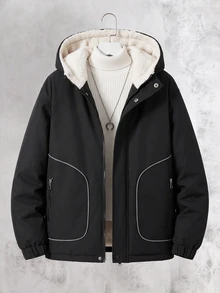 SHEIN 青少年男孩長袖拉鍊休閒連帽冬季夾克 - 黑色 - 查看 5