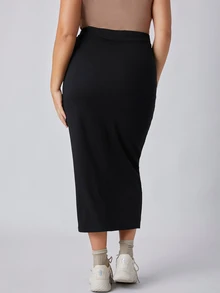 SHEIN BASICS Plus Size Women's Solid Color Casual Versatile Skirt - Black - View 2