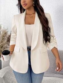 SHEIN LUNE Plus Size Women's Solid Color Pleated Sleeve Blazer In Fall/Winter - Beige - View 1
