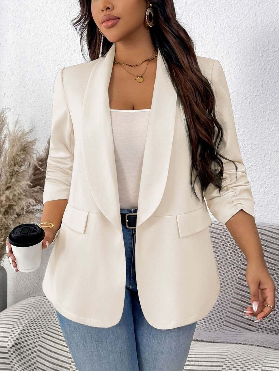 SHEIN LUNE Plus Size Women's Solid Color Pleated Sleeve Blazer In Fall/Winter - Beige - View 1
