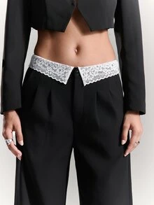 BAD SUNDAY Women's Autumn/Winter Wide Leg Inverted Pleat Lace Patchwork Low Waist Long Pants, Y2K Hot Girl Millennium Style - Black and White - View 6