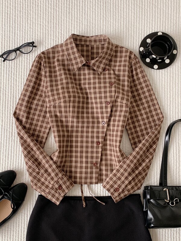 Comfortcana American Retro Brown Plaid Asymmetric Placket Casual Autumn/Winter Long Sleeve Shirt, College Campus Style