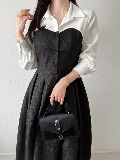 FRIFUL Women's Contrast Color Button Placket Elegant Long Dress