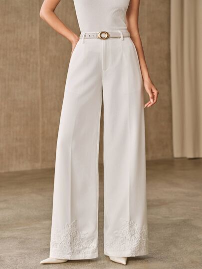 Anewsta Fashionable Modern White Trousers Versatile Office Commute Outfit Water-Soluble Floral Hem Women's Suit Pants
