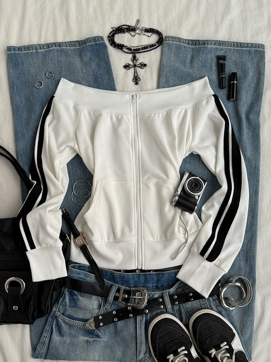 Attitoon Sweatshirt Wanita Motif Garis-Garis Blok Warna dengan Model Bahu Terbuka - Putih - View 1