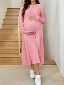 SHEIN Maternity Simple Textured Tie-Up Long Sleeve Dress Fall - Baby Pink - View 7