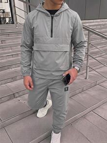 兒童青少年男孩半拉鍊連帽外套與慢跑長褲兩件套，休閒運動風，適合秋冬 - 灰色 - 查看 2