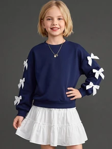 Girlism 青少年女孩秋/冬可愛Y2K蝴蝶結撞色長袖衛衣，休閒校園Ins風長袖衛衣 - 藏蓝色 - 查看 4