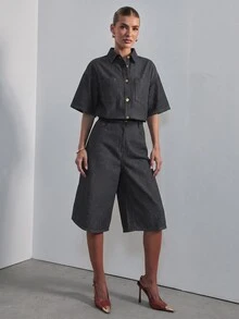 Hauture 女款短袖寬鬆長短牛仔連身褲，現代性感通勤辦公穿搭 - 黑色 - 查看 6