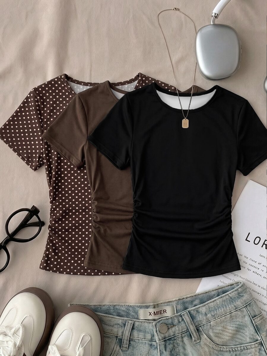 Setelan Kaos 3 Potong Kasual Sederhana dengan Detail Kerut di Pinggang untuk Anak Perempuan Remaja, Cocok untuk Musim Gugur/Dingin - MultiWarna - View 1