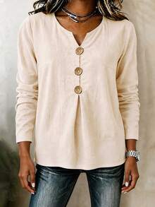Linhara CURVE Plus Size Women's Solid Color Cotton Shirt, Notch V-Neck Button Decor Long Sleeve Autumn Blouse Fall - Khaki - View 5