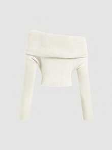 SHEIN MOD Women's Solid Color Off-Shoulder Casual Versatile Daily Long Sleeve Sweater - Beige - View 3