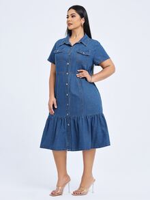 Flexra Casual Sweet Loose Ruffle Button Blue Daily Stretchy Comfortable Flattering Wear Denim Dress For Women - Light Wash - View 6